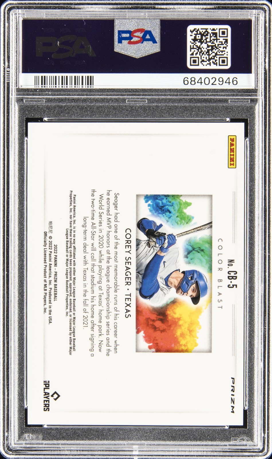 2022 PANINI PRIZM COLOR BLAST #CB5 COREY SEAGER PSA 9 view 2