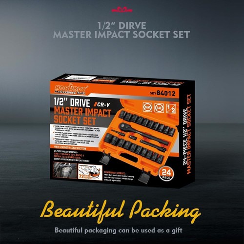 HORUSDY 24-Piece 1/2" Drive Impact Socket Set, Shallow Standard SAE (7/16"-1") a - Picture 8 of 9