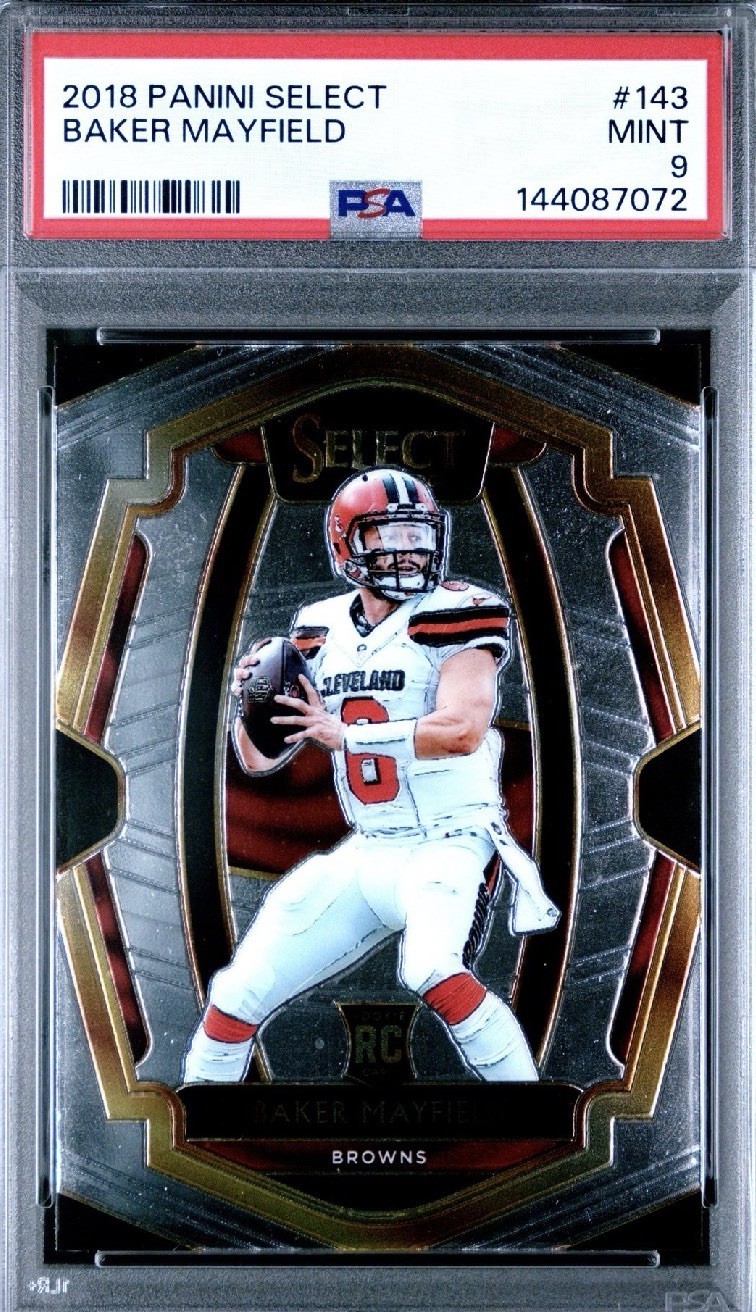 2018 Panini Select - #143 Baker Mayfield Select (RC). PSA Mint 9, Pop 90.