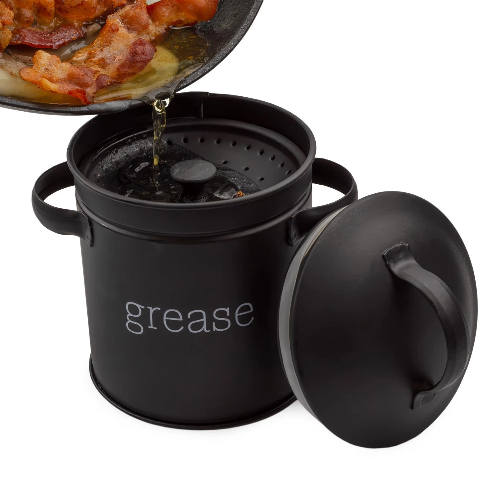 Enamelware Grease Container w/Strainer (Black), Farmhouse Style Kitchen Stora...