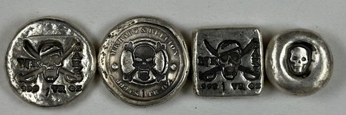 4 - 1 oz .999 Fine Silver Hand-Poured Pirate Skull Rounds & Square - MK BARZ