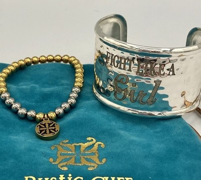 Rustic Cuff Hammered Silver Fight Like A Girl Cuff Two Tone Beaded Bracelet Duo