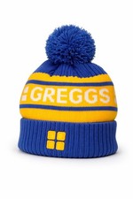Greggs Bobble Hat Beanie Blue Yellow Pom Pom One Size Unisex Knitted