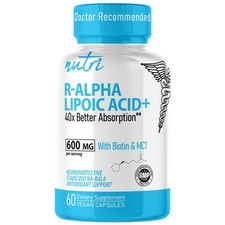 Nutri R Alpha Lipoic Acid 600mg Capsules - R Lipoic Acid Stabilized with Biot...