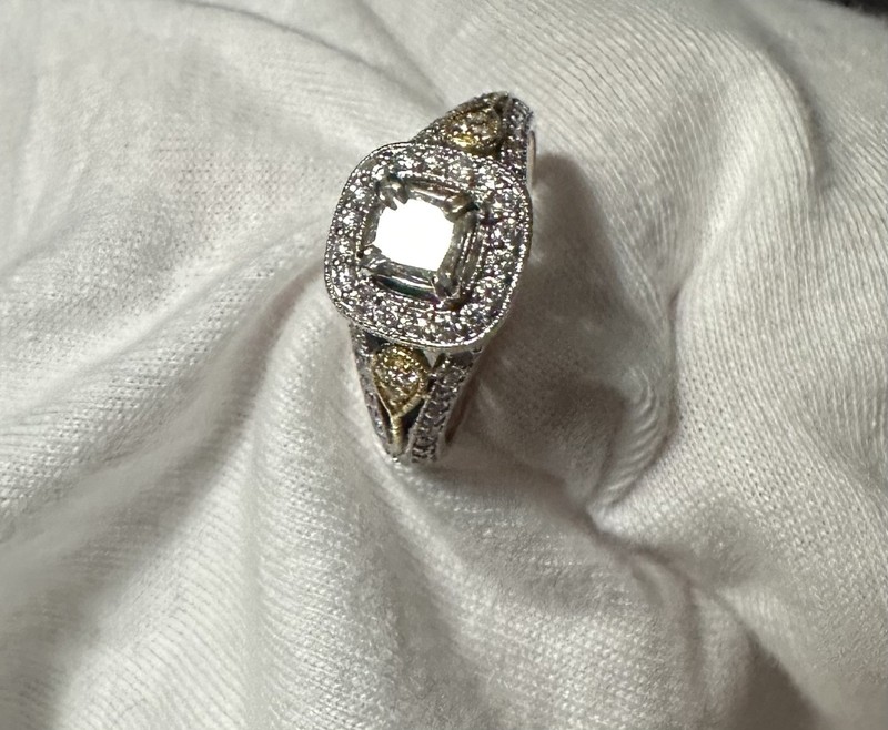 18k White Gold Princess Dbl Halo Engagement Ring w/yellow gold accents.  1.02ctw