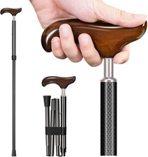 Wooden Handle Walking Cane - Carbon Fiber, Foldable and Adjustable, for Men and
