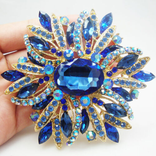 Vintage Style Blue Oval Flower Pendant Brooch Pin Rhinestone Crystal Gold Tone - Picture 2 of 4