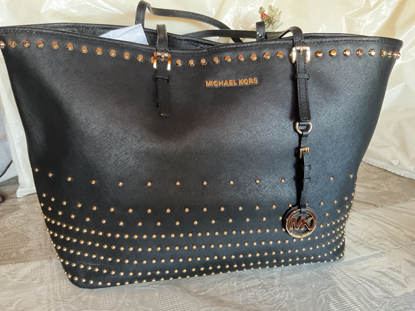 Michael Kors Large Black Jet Set Travel Tote with Gold Studs