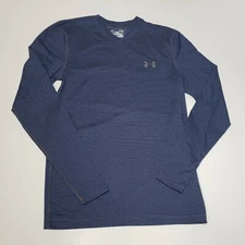 Under Armour Cold Gear Mens Small S V-Neck Pullover Gray Blue Striped Sweatshirt
