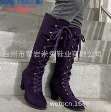 Womens Faux Suede Round Toe 7.5cm Chunky Heels Knee High Boots Roman knight boot