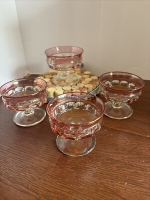 VTG 4 Tiffin Kings Crown Cranberry Flashed Top &  Bottom Sherbet Dessert Dishes