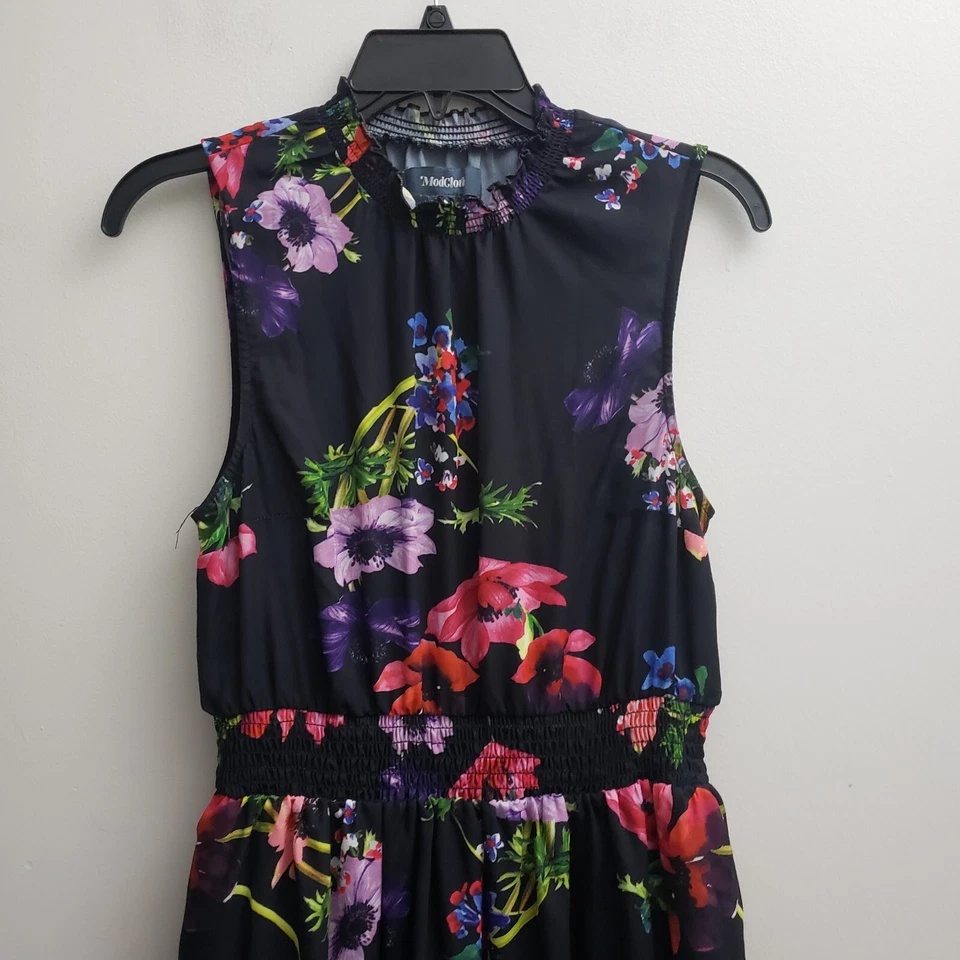 Modcloth Sleeveless High Neck Dress MED Shirred Waist Pink Purple Floral Chiffon - Image 2 of 4