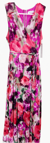 $149 NWT Calvin Klein Floral Faux-Wrap Lined Sleeveless Dress, size 10 Hibiscus