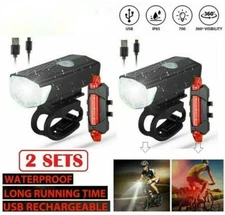 2 Sets USB Rechargeable LED Bicycle Headlight Bike Front Rear Lamp Cycling 