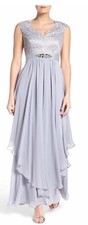 NWT Eliza J Embellished Lace & Chiffon Gown, Silver, Size 6 $248.00