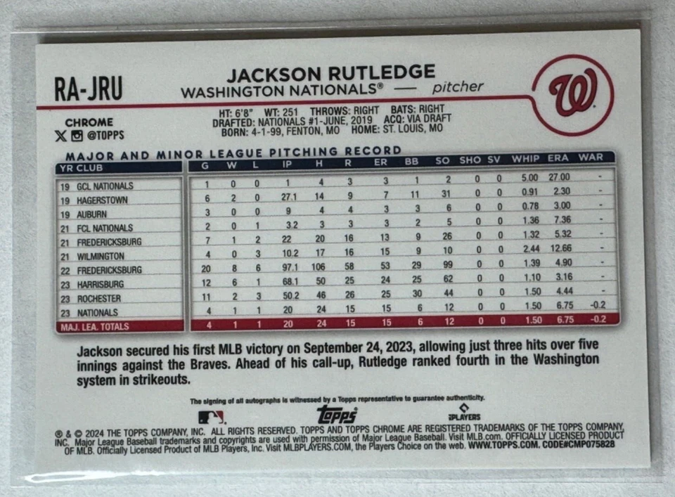 Jackson Rutledge AUTO RC Rookie AQUA WAVE 119/199, 2024 Topps Chrome - Image 3 of 3