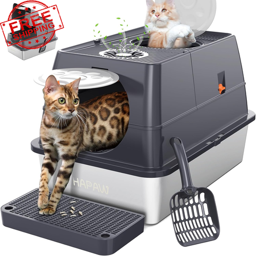 Caja de arena de acero inoxidable con tapa, bandeja de arena extra grande para gatos con tapa abatible 135°, E - Imagen 12 de 12