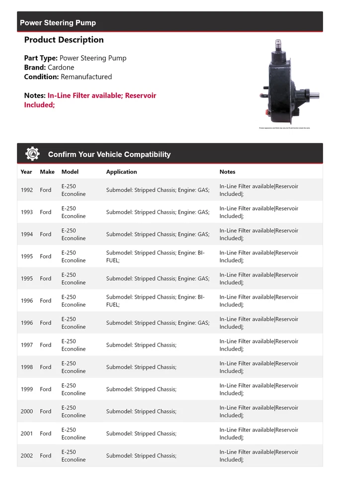 Para Ford E-250 Econoline 1992-2002 Chasis Despojado Bomba Dirección Asistida Cardone Foto 2 de 4
