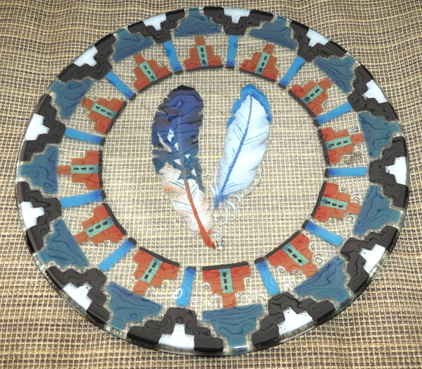 Vintage Fireglass Studio Handmade Fused Art Glass Feather Plate Signed/Dated '99