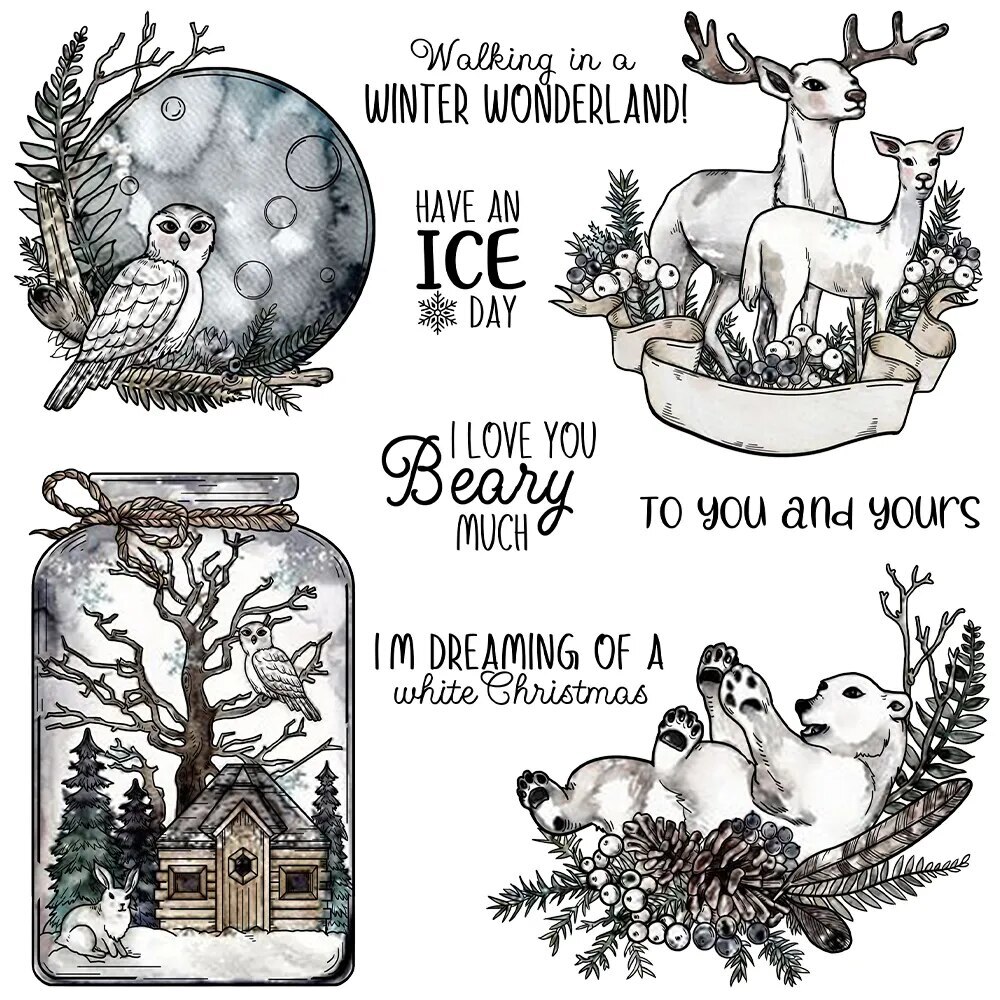Winter Wonderland Polar Bear Deer Owl Ice Day Metal Dies Clear Stamps Set