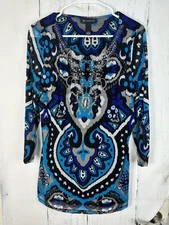 Vtg INC International Concepts XL Blue Multi Beaded Stretch Knit Tunic Top -hole