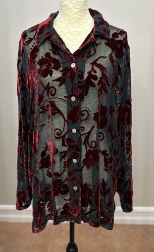 David Dart XL Silk Blend Burnout Velvet Black Red Sheer Button Up Vintage - Picture 1 of 11