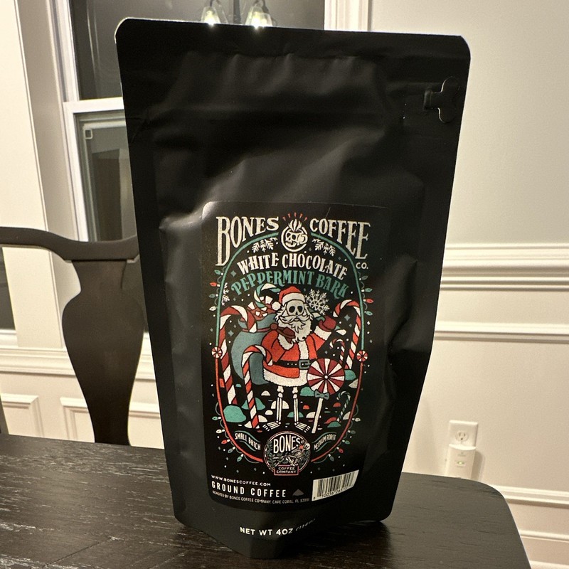 Bones Coffee Company White Chocolate Peppermint Bark Medium Roast Ground 4 oz