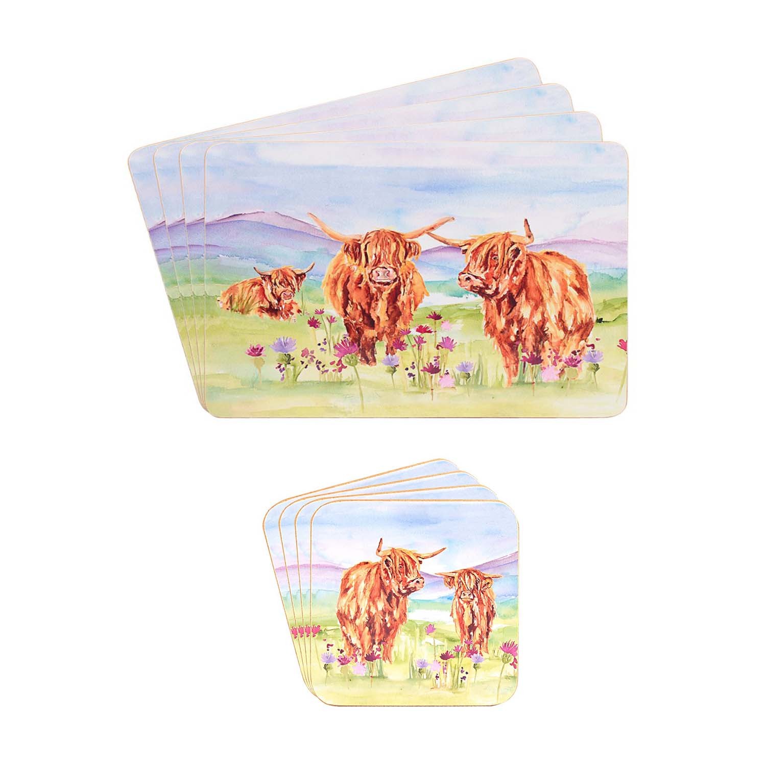 Highland Cows Placemats & Coasters Set Cork-Backed Heat Resistant 8pcs Tableware