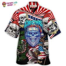Skull Christmas Us Flag Skeleton Horror Merry Christmas Hawaiian Shirt   Trendy