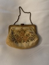 Antique 1920s Czech Petit Point Needlepoint Floral Purse Brass Frame Chain
