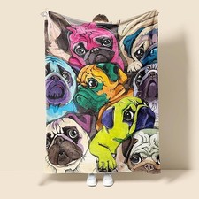 Colorful Pug Flannel Blanket Soft Cozy Throw Dog Lover Gift Home Decor
