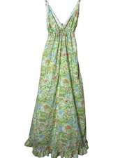 Women’s 70s Sundress Empire Waist Flowing Green Floral Sz L  Boho Flower Hippie