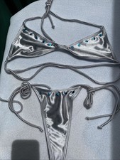 Small Satin Thong Silver Bikini With Blue Studs