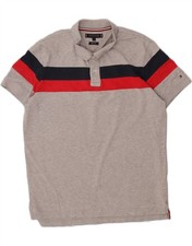 TOMMY HILFIGER Mens Regular Fit Polo Shirt Medium Grey Striped Cotton AQ03