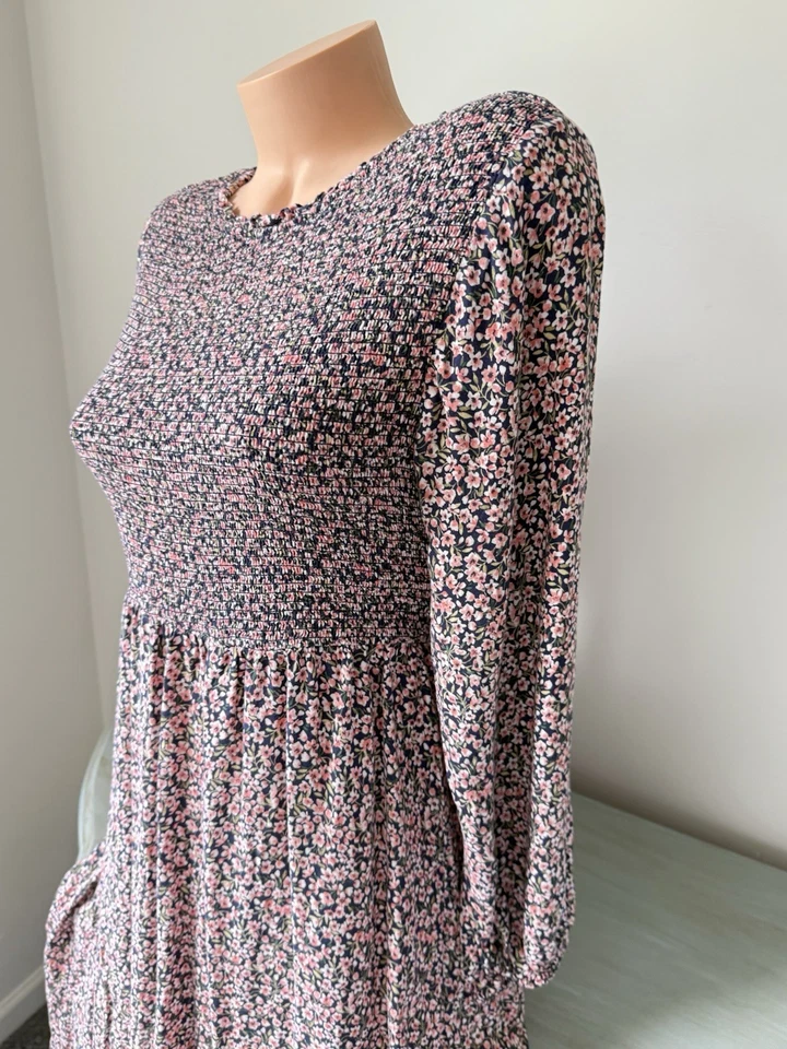 Vestido midi azul marino antiguo para mujer corte M acampanado manga larga calado floral pradera cabaña Foto 4 de 4