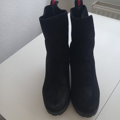Damen schwarze Sock Boots Stiefeletten blobigen Blockabsatz dicker Profilsohle 
