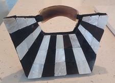 VINTAGE MOD SMALL DARK BROWN AND OFF-WHITE MOTHER OF PEARL TRAPAZOID HANDBAG