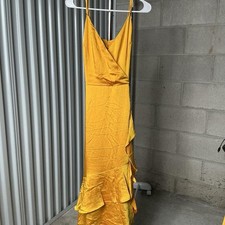 Nine West Yellow Satin Wrap Midi Dress V-Neck Zip Ruffle Straps Size 12
