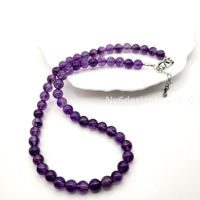 Amethyst Necklace Gemstone Jewelry Women Round Beaded with Silver Lobster Clasp
