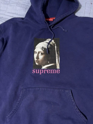 Felpa con cappuccio Supreme Pearl blu navy taglia grande cotone scatola logo stampa grafica