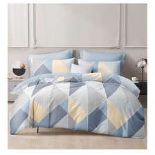 Blue Gray Geometric Duvet Cover Set King Size 100 Cotton With 2 Pillow Shams
