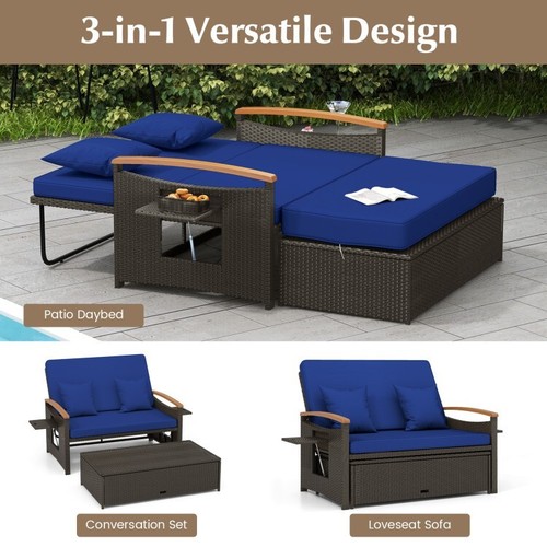 3-in-1 Outdoor Patio Round Daybed Rattan Wicker Loveseat Cushion Storage Ottoman - Picture 3 of 10