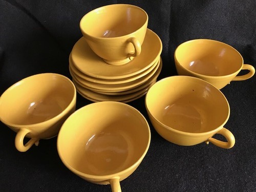 Vintage Italian pottery, cups, saucers, yellow, Cantagalli rooster mark, unique - Picture 4 of 10