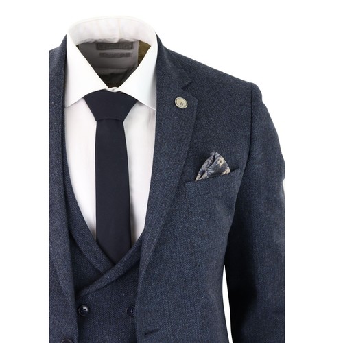 Abito in tweed da uomo 3 pezzi blu spina di pesce doppio girovita classico vintage - Foto 4 di 7