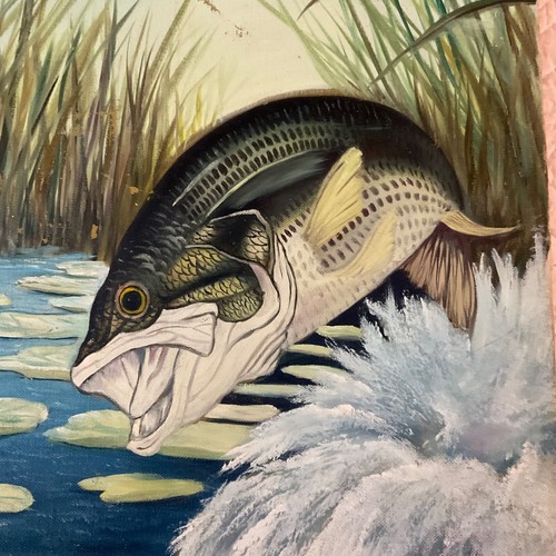 Vintage 70s largemouth BASS fish hand painted oil painting fishing fisherman - Picture 9 of 16