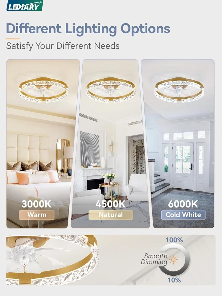 Dimmable LED Ceiling Fan with Adjustable Temperature and Quiet Motor in Gold - Image 4 of 4