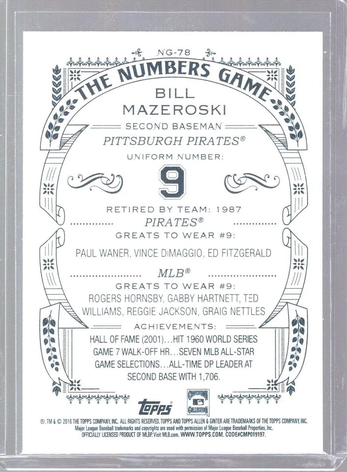 2016 Topps Allen & Ginter The Numbers Game Bill Mazeroski #NG-78 - Image 2 of 2