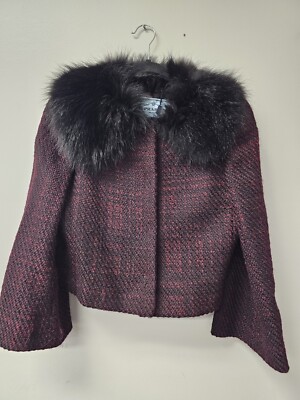 PRADA Plaid Red/Black Genuine Raccoon Fur Jacket Sz 44 Luxury Bratz Wide Sleeve