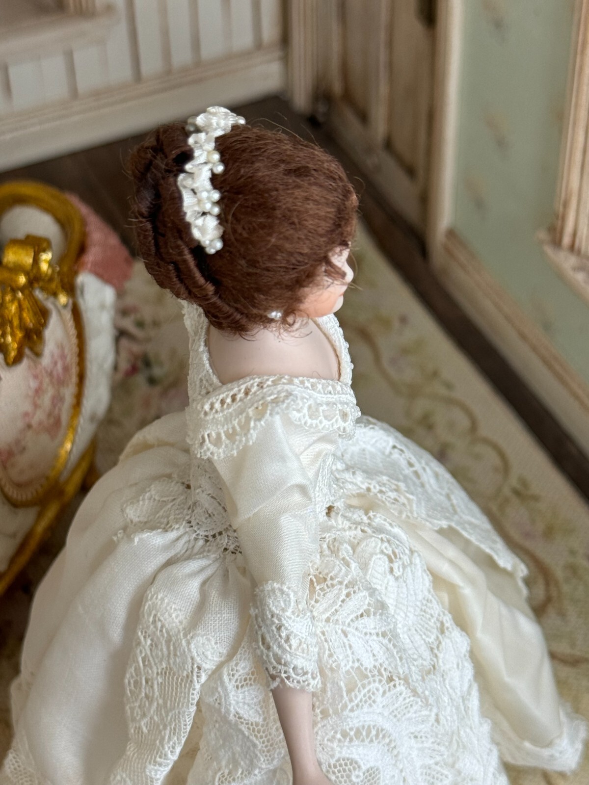 Vintage Artisan Miniature Dollhouse Auburn Porcelain Lady Doll w Ivory