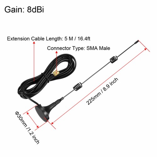 Antena WiFi 8dBi RG174 5 metrów przedłużacz wtyczka SMA 2400 MHz podstawa magnetyczna - Zdjęcie 2 z 4